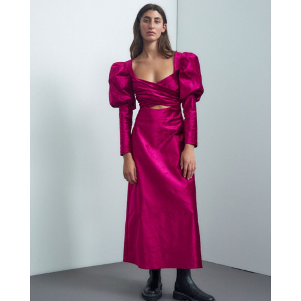 ALÉMAIS Rosario Puff Sleeve Midi Dress Fuschia‎ Pink Sz AUS 14 (US 10)